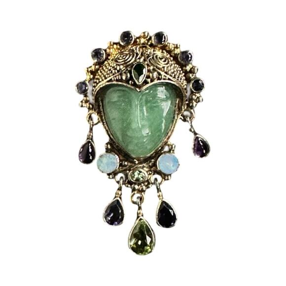 Vintage Gold Plated Sajen 925 Jade Face Brooch With Jewels - Picture 1 of 4